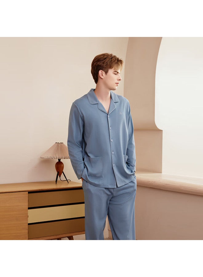 Meibiao Pure Cotton Pajamas Women Autumn Winter Couples Long Sleeve Set Men Solid Color Cotton Cardigan Homewear Snow Velvet Blue L - Image 4