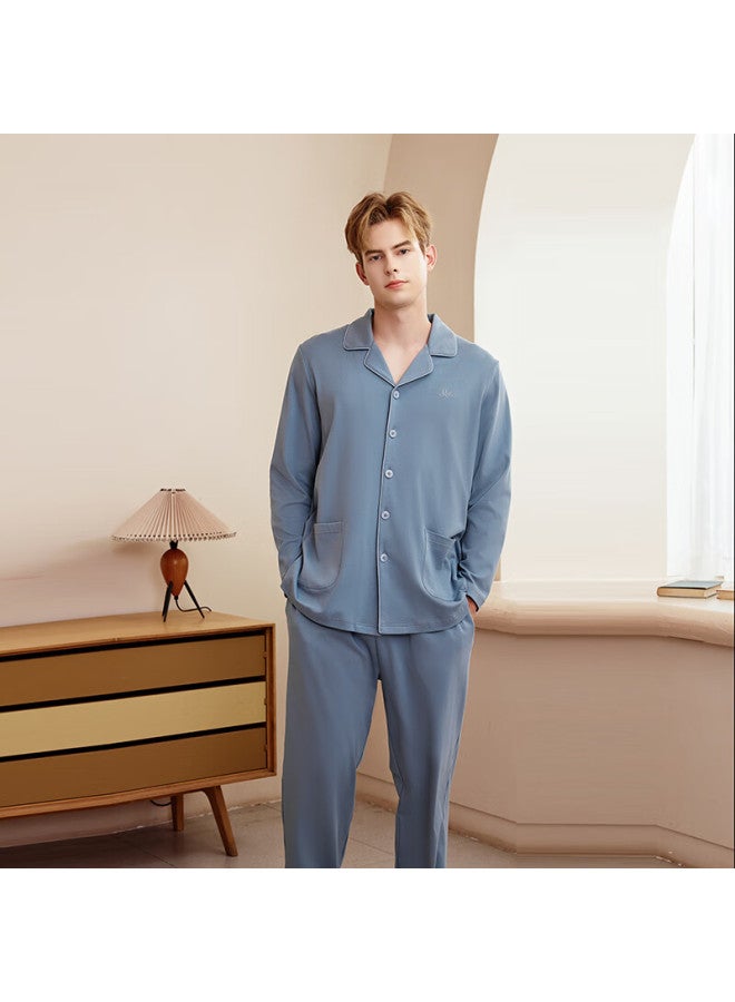 Meibiao Pure Cotton Pajamas Women Autumn Winter Couples Long Sleeve Set Men Solid Color Cotton Cardigan Homewear Snow Velvet Blue L - Image 1