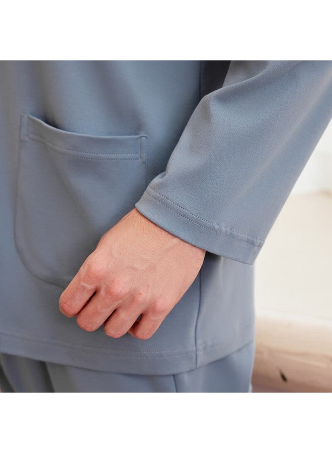 Meibiao Pure Cotton Pajamas Women Autumn Winter Couples Long Sleeve Set Men Solid Color Cotton Cardigan Homewear Snow Velvet Blue L - Image 3