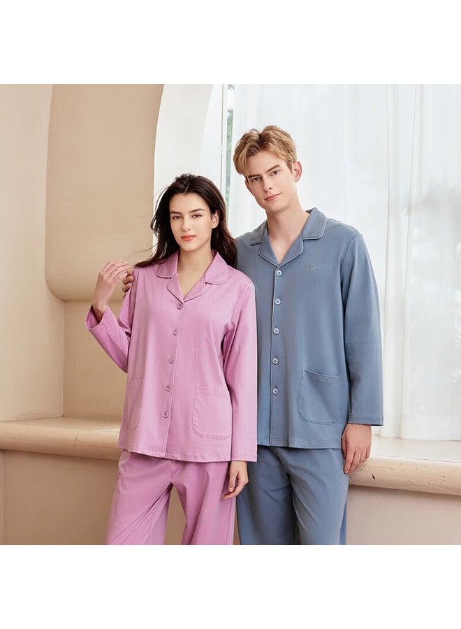Meibiao Pure Cotton Pajamas Women Autumn Winter Couples Long Sleeve Set Men Solid Color Cotton Cardigan Homewear Snow Velvet Blue L - Image 5