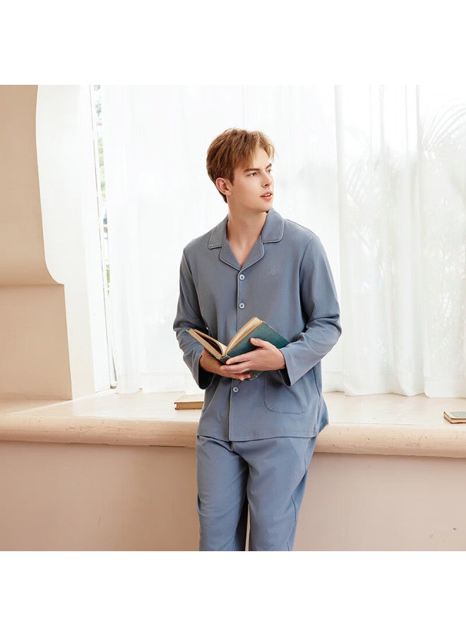 Meibiao Pure Cotton Pajamas Women Autumn Winter Couples Long Sleeve Set Men Solid Color Cotton Cardigan Homewear Snow Velvet Blue L - Image 2