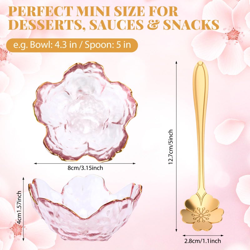 Yiyiring Set of 8 Pink Cherry Blossom Glass Bowls with Flower Spoons, Sakura Sauce Dishes Seasoning Little Bowl Japanese Flower Crystal Glass Appetizer Plates for Dipping Ice Cream(Gold Rim) - Image 2