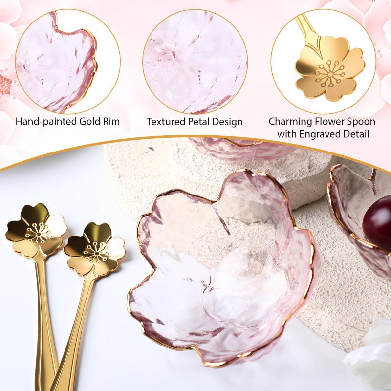 Yiyiring Set of 8 Pink Cherry Blossom Glass Bowls with Flower Spoons, Sakura Sauce Dishes Seasoning Little Bowl Japanese Flower Crystal Glass Appetizer Plates for Dipping Ice Cream(Gold Rim) - Image 3