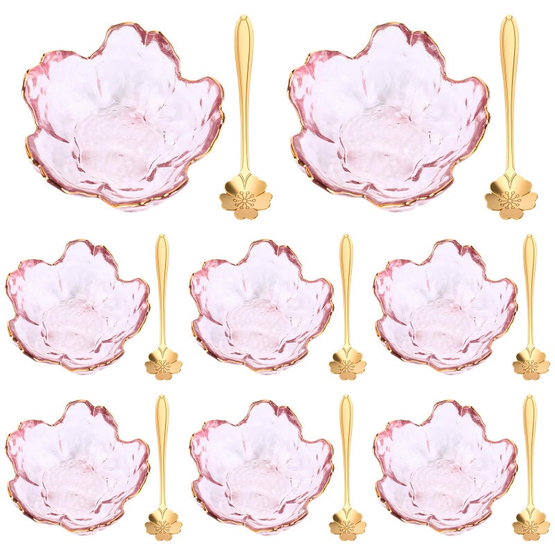 Yiyiring Set of 8 Pink Cherry Blossom Glass Bowls with Flower Spoons, Sakura Sauce Dishes Seasoning Little Bowl Japanese Flower Crystal Glass Appetizer Plates for Dipping Ice Cream(Gold Rim) - Image 1