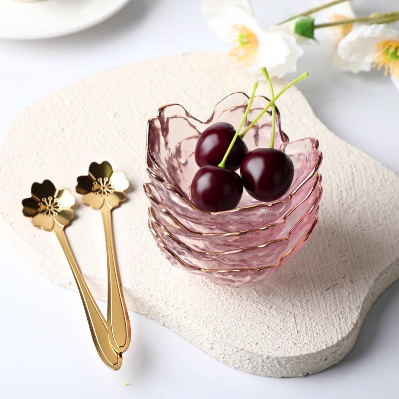 Yiyiring Set of 8 Pink Cherry Blossom Glass Bowls with Flower Spoons, Sakura Sauce Dishes Seasoning Little Bowl Japanese Flower Crystal Glass Appetizer Plates for Dipping Ice Cream(Gold Rim) - Image 4