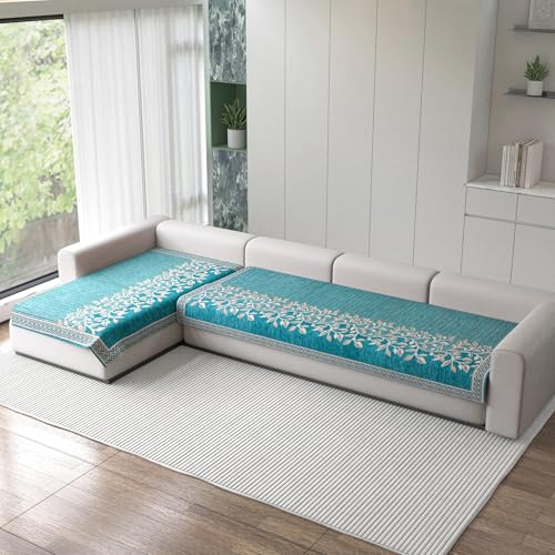 Nendle Superior Velvet Floral Sofa Mat 5 Seater Set Durable Protector for Living Room Mat 3 Seater and 2 Seater, Suitable for L Shape, Sectional and U Shape Sofa (Aqua, Pack of 2) - Image 1