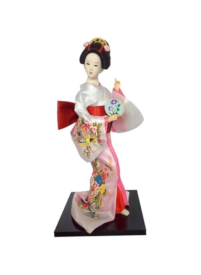 12 Japanese Geisha Lady Statuette Ornament Collectible Traditional Kimono Dolls Ethnic Japanese Geisha Dolls for Home Table, White and Pink - Image 1