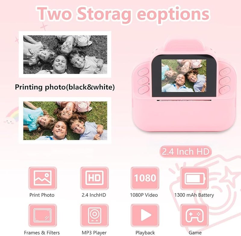 Kids Instant Print Camera 48MP 6X Zoom 1080P HD Video Portable Travel Gift Rose - Image 5