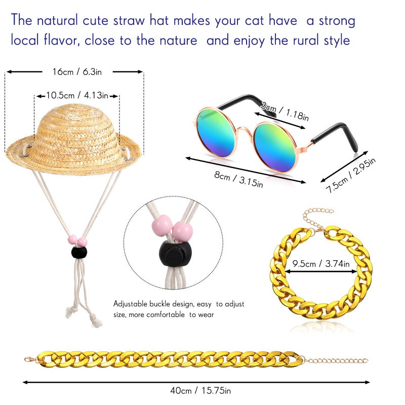 Weewooday 6 Pieces Dog Cat Costume, Pet Sunglasses and Summer Straw Hat with Faux Gold Chain Collar, Classic Funny Pet Accessories for Cat Puppy Small Medium Dog(Cool Style,Stylish Colors) - Image 2