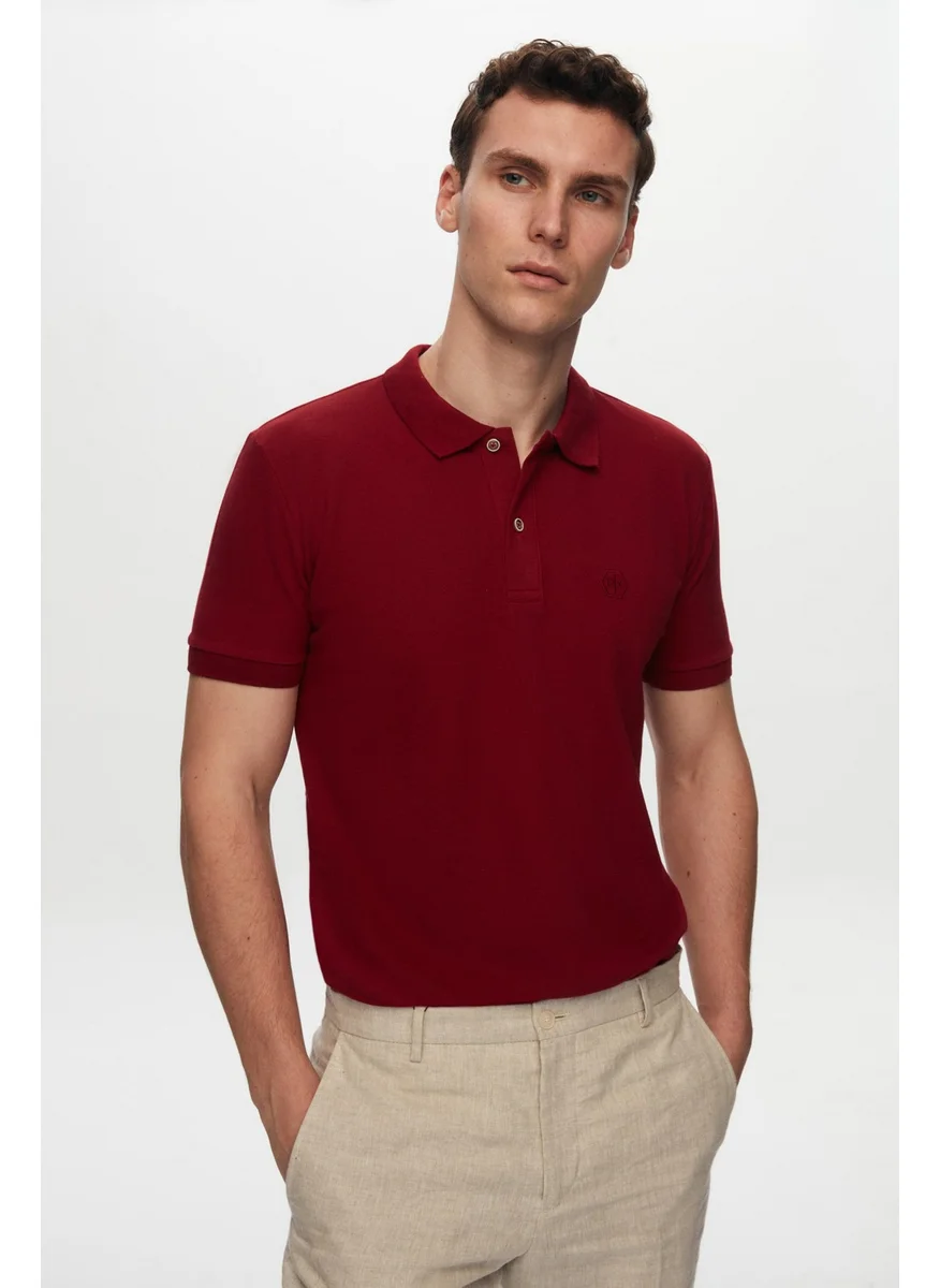 D'S DAMAT Regular Fit Claret Red Pique Textured 100% Cotton Non-Curl Polo Collar Embroidered T-Shirt 4HC14ORT51000