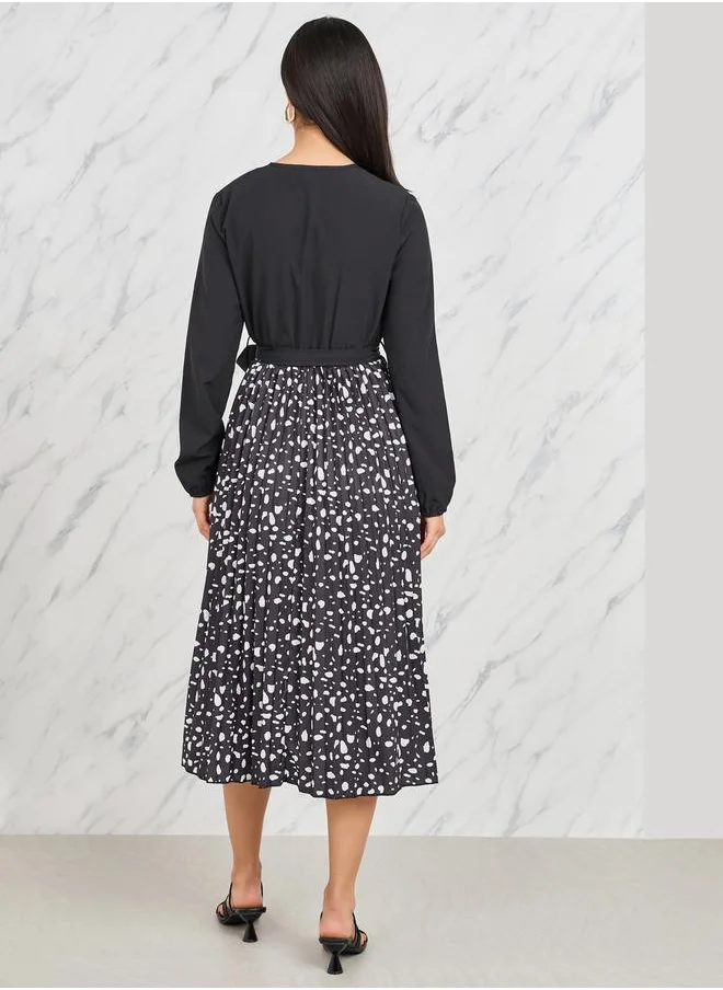Styli Pleated A-Line Midi Dress with Tie Belt