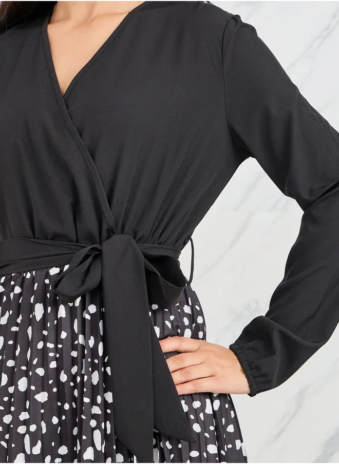 Styli Pleated A-Line Midi Dress with Tie Belt