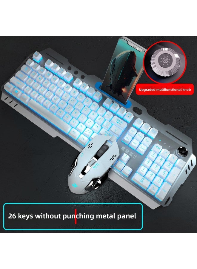 Wired Keyboard Mouse Suit Backlit USB Gaming Computer Desktop Notebook Suspension Key Cap Mechanical Feel-Color:Metal Panel Characters White And Blue (breathing + Adjustment + Rotating on) + 6-on Mo