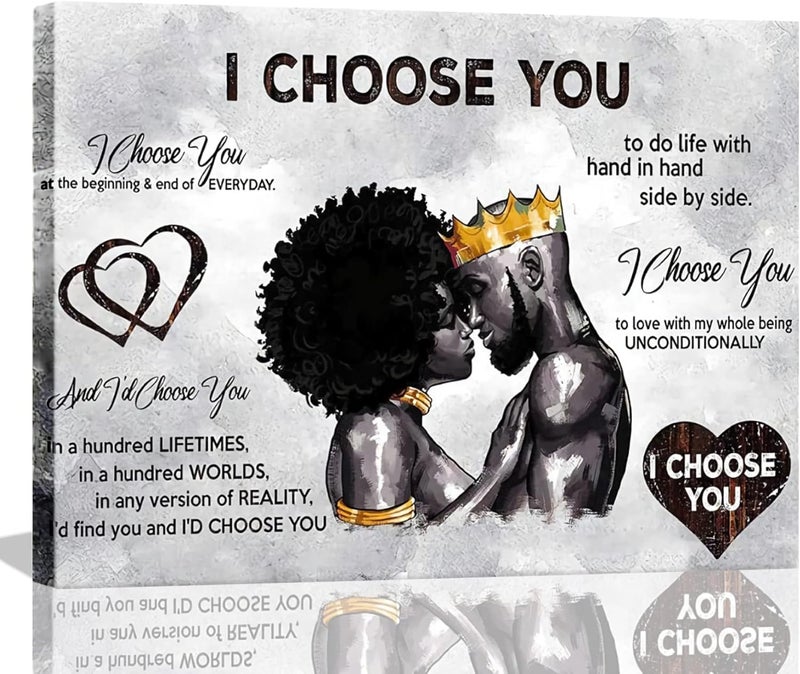 AKOTAC Framed African American Canvas Prints Black Couple I Choose You Poster Black King and ​Queen Wall Art Afro Black Romantic Couple Wall Art for Bedroom Living Room Decor(Black couple, 24in×16in) - Image 1