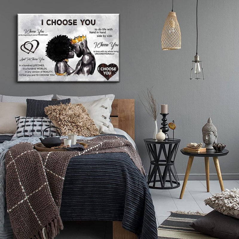 AKOTAC Framed African American Canvas Prints Black Couple I Choose You Poster Black King and ​Queen Wall Art Afro Black Romantic Couple Wall Art for Bedroom Living Room Decor(Black couple, 24in×16in) - Image 3