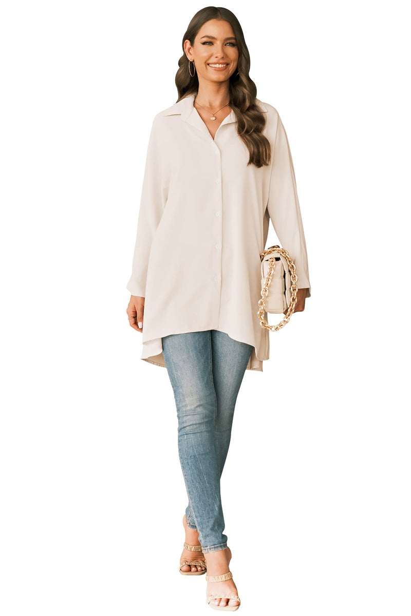Aoysky Womens Oversized T Shirts Button Down Long Sleeve Shirt V Neck Collar Loose Flowy Blouse Beige - Image 3