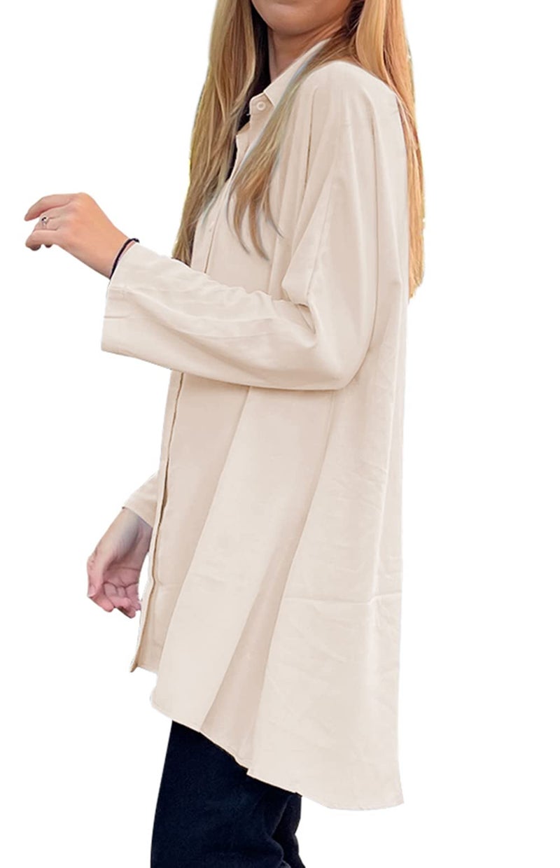 Aoysky Womens Oversized T Shirts Button Down Long Sleeve Shirt V Neck Collar Loose Flowy Blouse Beige - Image 2