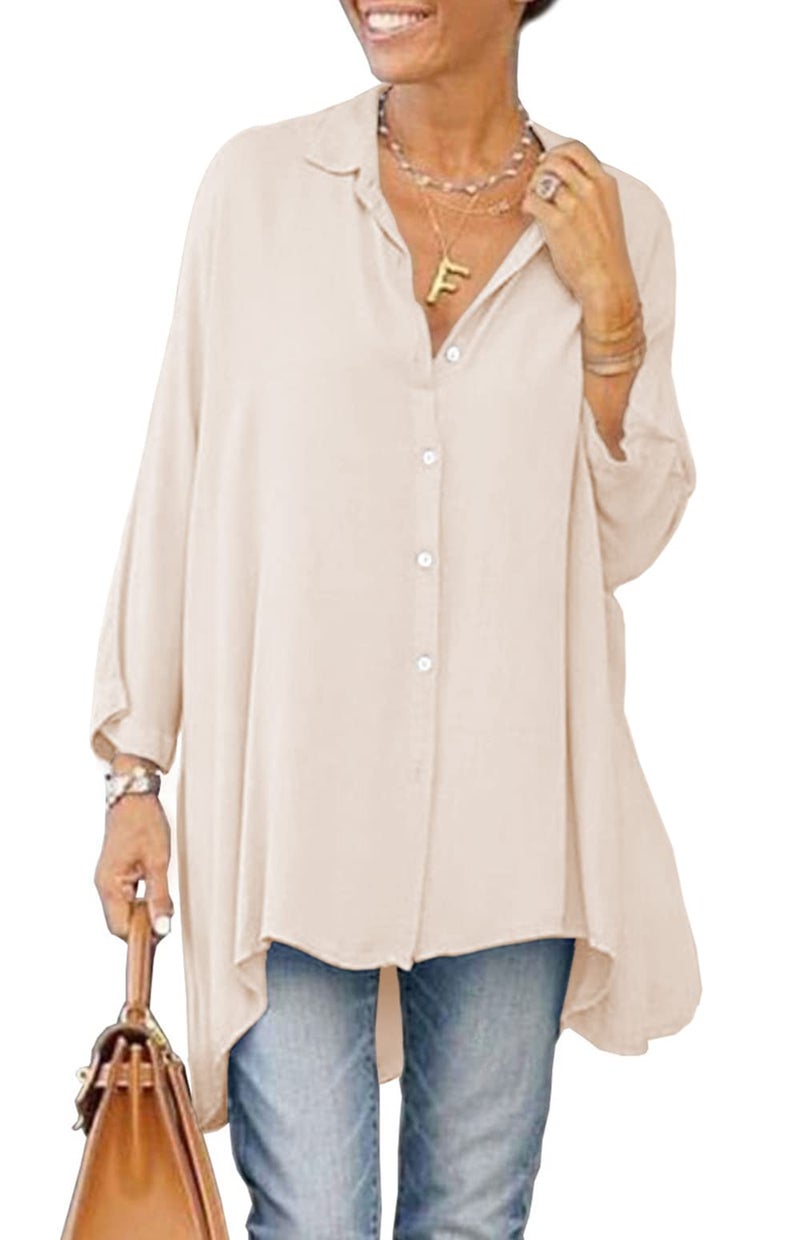 Aoysky Womens Oversized T Shirts Button Down Long Sleeve Shirt V Neck Collar Loose Flowy Blouse Beige - Image 4