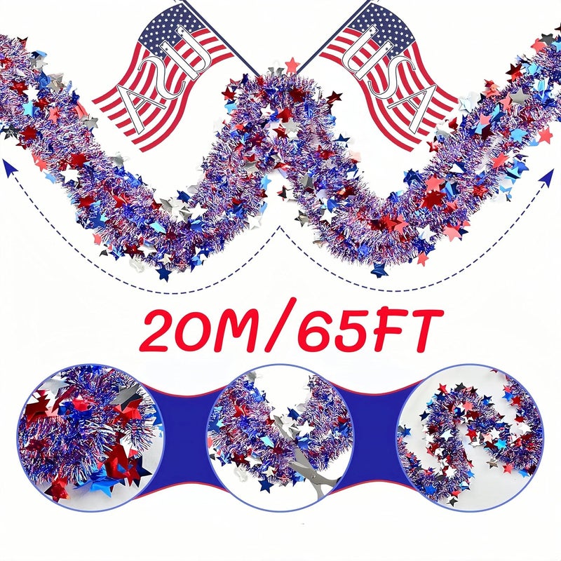 HPMAISON 65 Feet 4th of July Garland Memorial Day USA Patriotic Red White Blue Independence Day Tinsel Metallic Tree Car Golf Cart Parade Float Decor Trailer Bike Outdoor Summer Glitter Star Garlands - Image 2