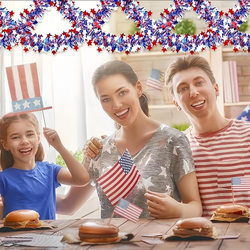 HPMAISON 65 Feet 4th of July Garland Memorial Day USA Patriotic Red White Blue Independence Day Tinsel Metallic Tree Car Golf Cart Parade Float Decor Trailer Bike Outdoor Summer Glitter Star Garlands - Image 4