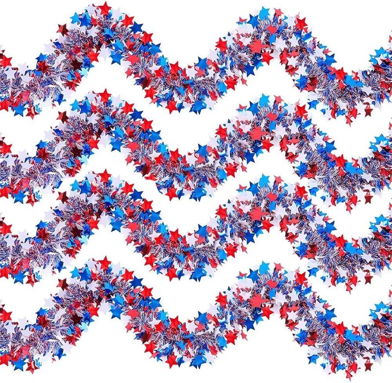 HPMAISON 65 Feet 4th of July Garland Memorial Day USA Patriotic Red White Blue Independence Day Tinsel Metallic Tree Car Golf Cart Parade Float Decor Trailer Bike Outdoor Summer Glitter Star Garlands - Image 1