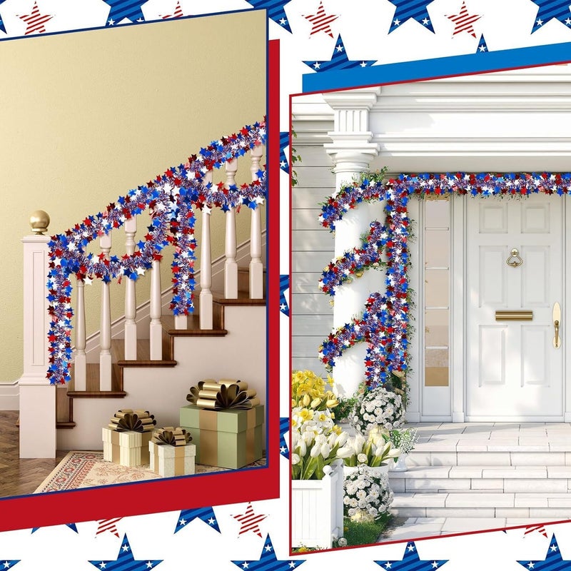 HPMAISON 65 Feet 4th of July Garland Memorial Day USA Patriotic Red White Blue Independence Day Tinsel Metallic Tree Car Golf Cart Parade Float Decor Trailer Bike Outdoor Summer Glitter Star Garlands - Image 5
