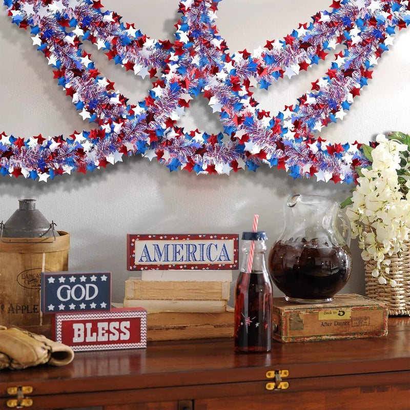 HPMAISON 65 Feet 4th of July Garland Memorial Day USA Patriotic Red White Blue Independence Day Tinsel Metallic Tree Car Golf Cart Parade Float Decor Trailer Bike Outdoor Summer Glitter Star Garlands - Image 3