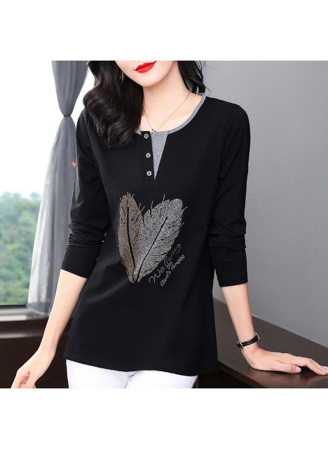 Generic - Beautiful Mother Cotton Long Sleeve T-shirt Women's Spring And Autumn New Chubby Girl Long Top Plus Size Loose Ide - Image 1