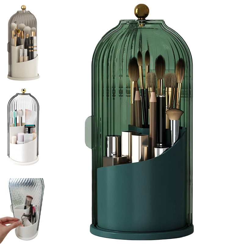 BUENLY Concealed Toothbrush Holder, Rotating Bathroom Organizer Countertop, Toothbrush Holders with Cover, Bathroom Counter Organizer with Covered Makeup Brush Holder (1pcs Green) - Image 1
