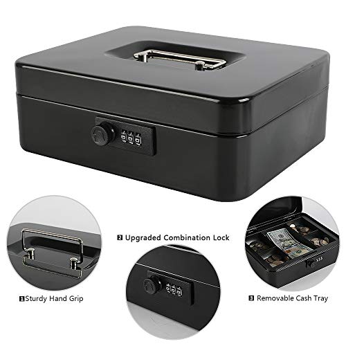xydled Steel Cash Box Safe with Combination Lock,Money Safe Box with Removable Coin Tray,Large,9.84"x 7.87"x 3.54",Black - Image 5