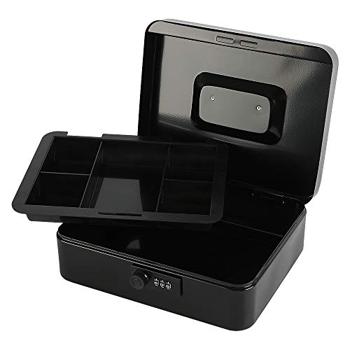 xydled Steel Cash Box Safe with Combination Lock,Money Safe Box with Removable Coin Tray,Large,9.84"x 7.87"x 3.54",Black - Image 4