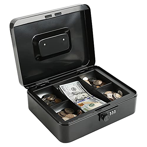 xydled Steel Cash Box Safe with Combination Lock,Money Safe Box with Removable Coin Tray,Large,9.84"x 7.87"x 3.54",Black - Image 1