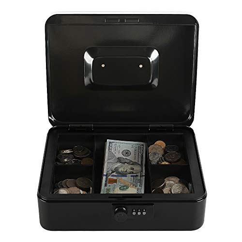 xydled Steel Cash Box Safe with Combination Lock,Money Safe Box with Removable Coin Tray,Large,9.84"x 7.87"x 3.54",Black - Image 3