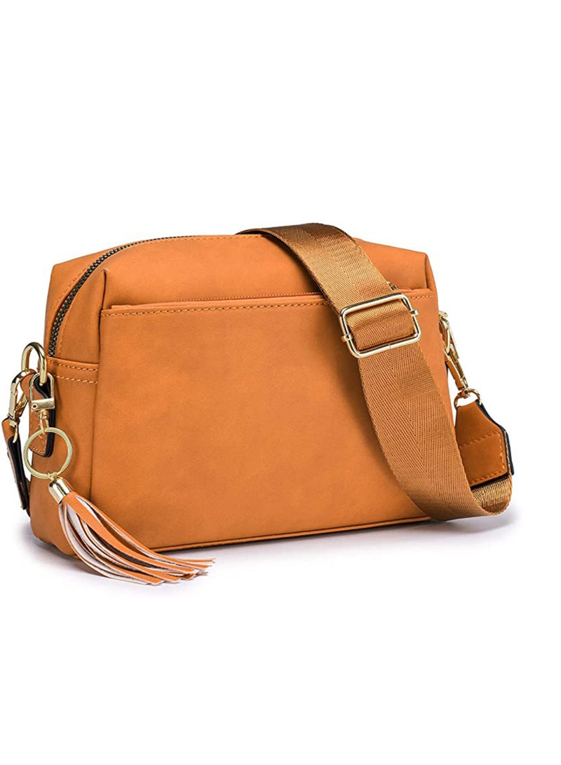SYOSI Vegan Leather Crossbody Bags For Women, Girls Triple Zip Small Bag with Wide Strap, Shoulder Handbags, Satchel Purse with Adjustable Strap, Trendy Fashion Shoulder Bag for Ladies (Yellow Brown)  - Image 1