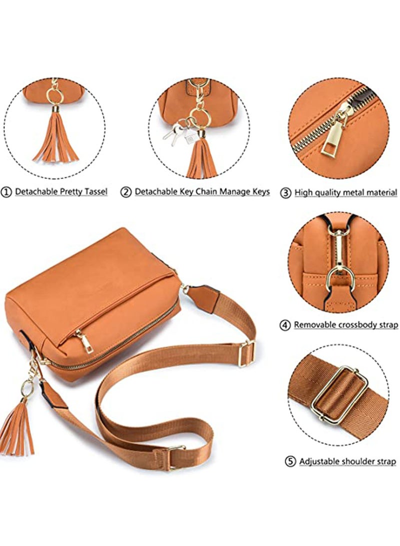 SYOSI Vegan Leather Crossbody Bags For Women, Girls Triple Zip Small Bag with Wide Strap, Shoulder Handbags, Satchel Purse with Adjustable Strap, Trendy Fashion Shoulder Bag for Ladies (Yellow Brown)  - Image 5