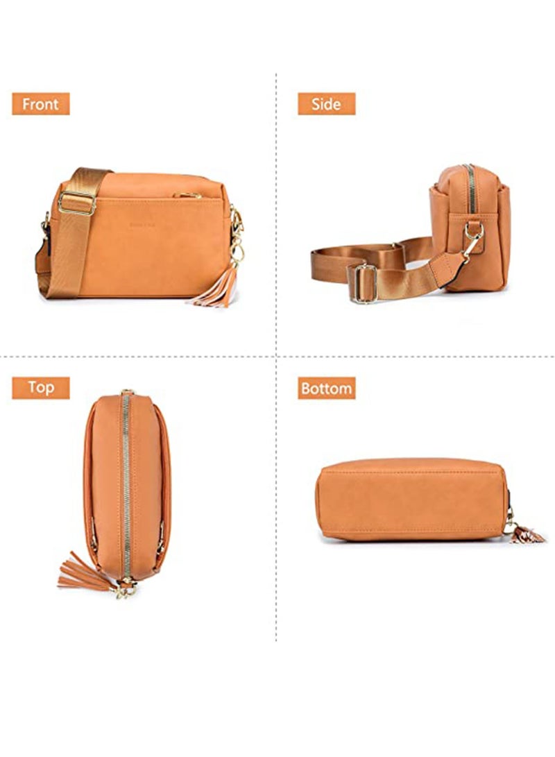 SYOSI Vegan Leather Crossbody Bags For Women, Girls Triple Zip Small Bag with Wide Strap, Shoulder Handbags, Satchel Purse with Adjustable Strap, Trendy Fashion Shoulder Bag for Ladies (Yellow Brown)  - Image 2