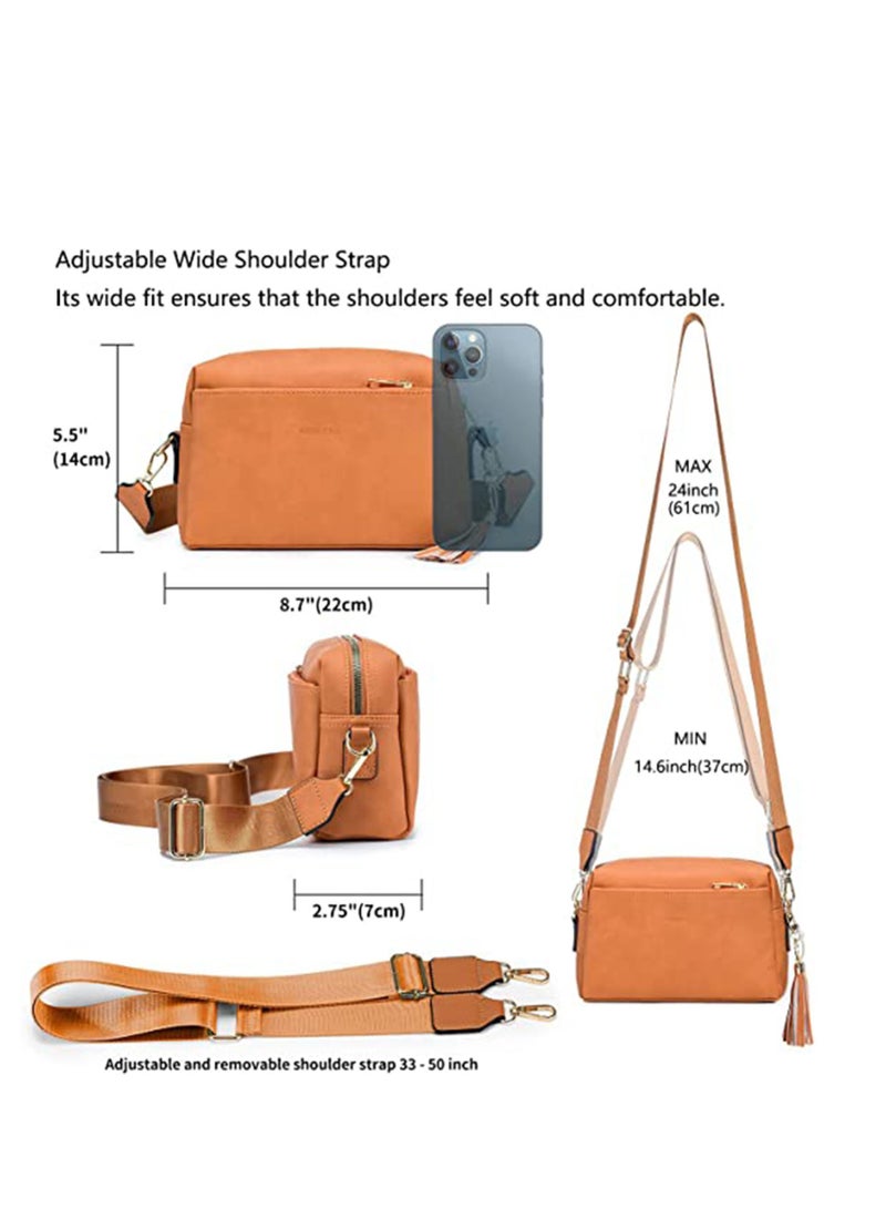 SYOSI Vegan Leather Crossbody Bags For Women, Girls Triple Zip Small Bag with Wide Strap, Shoulder Handbags, Satchel Purse with Adjustable Strap, Trendy Fashion Shoulder Bag for Ladies (Yellow Brown)  - Image 4