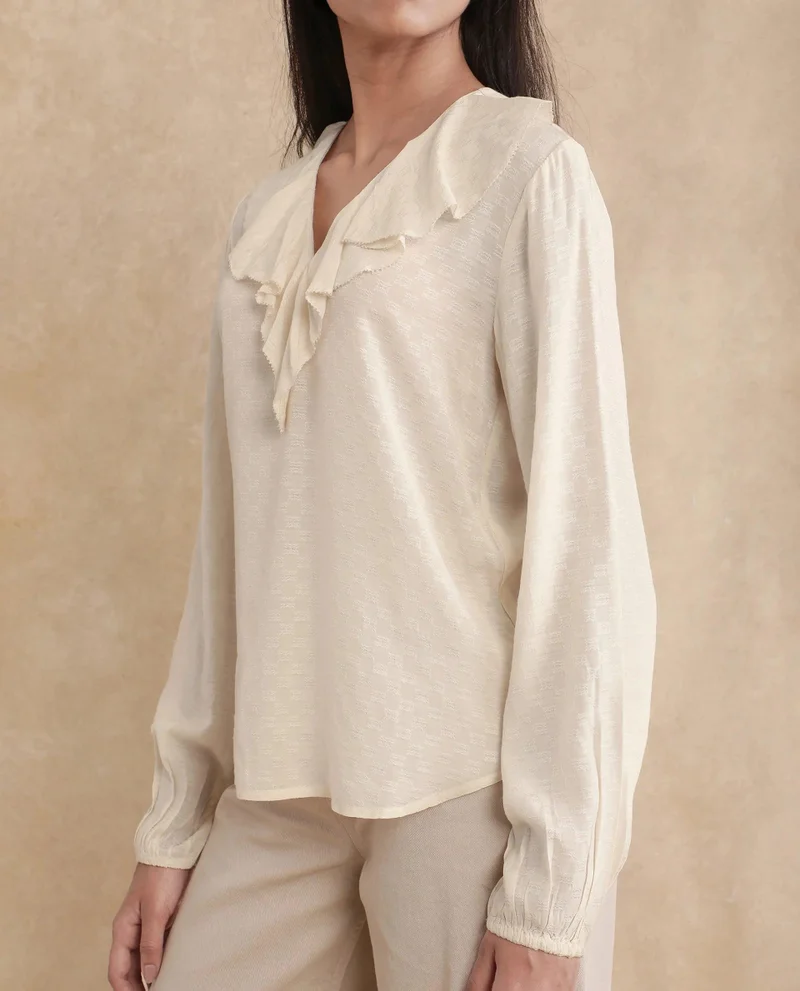 Rareism Women's Solid Textured Ruffle Top