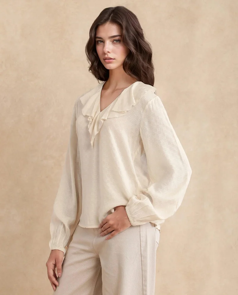Rareism Women's Solid Textured Ruffle Top
