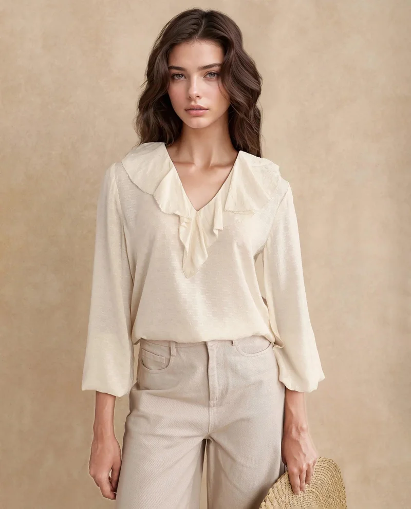 Rareism Women's Solid Textured Ruffle Top