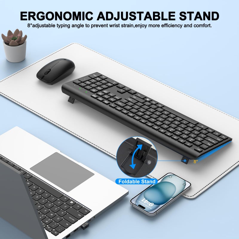 QUASIO Wireless Keyboard and Mouse Combo, Full-Size Silent Ergonomic Keyboard and Optical Mouse, Long Battery Life, 2.4GHz Lag-Free Cordless Mice Keyboard for Computer, Mac, Laptop, PC, Windows - Image 4