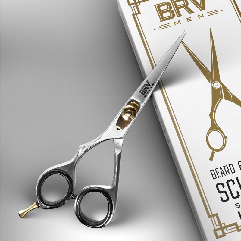 BRV MEN مقص شارب ولحية حاد لليد اليسرى - 5.5" - 100% فولاذ مقاوم للصدأ عالي الكربون - مقص لتشذيب الشعر الوجه (لليد اليسرى - فضي) - Image 3
