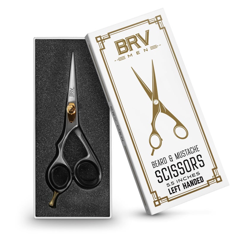 BRV MEN مقص شارب ولحية حاد لليد اليسرى - 5.5" - 100% فولاذ مقاوم للصدأ عالي الكربون - مقص لتشذيب الشعر الوجه (لليد اليسرى - فضي) - Image 2