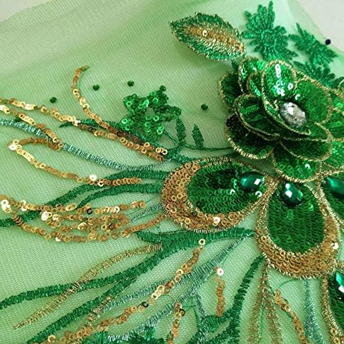 FEEPOP 1 Pcs Craft Diamond Insert Feather Sequin Floral Embroidered Applique Trim Decorated Lace Neckline Collar Clothing DIY Sewing Patches (Green) - Image 2