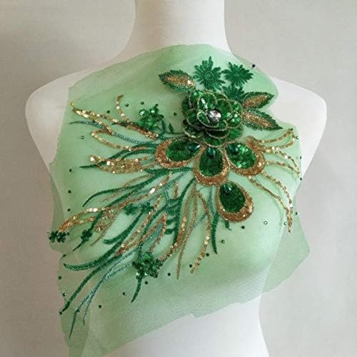 FEEPOP 1 Pcs Craft Diamond Insert Feather Sequin Floral Embroidered Applique Trim Decorated Lace Neckline Collar Clothing DIY Sewing Patches (Green) - Image 1