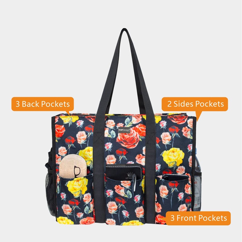 TOPDesign Utility Water Resistant Tote Bag with 13 Exterior & Interior Pockets, Top Zipper Closure & Thick Bottom Support, for Working Women, Teachers, Nurses, Accountants (Rose) - Image 2