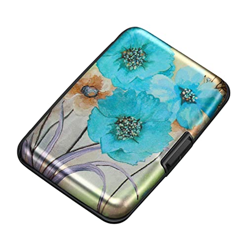 ELFISH Mini RFID Aluminum Wallet Credit Cards Holder Business Card Case Metal ID Case for Men Women(Blue Flower) - Image 1