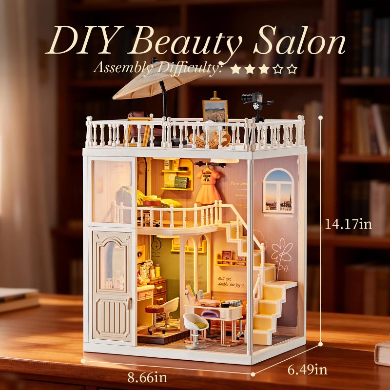 Qudify DIY Miniature House Kit Beauty Salon â€“ 203 Piece Tiny House Dollhouse Mini Room with LED Light, Nail Art Studio & Makeup Room, Cozy Creative Craft Gift for Kids 8+ & Teens - Image 2