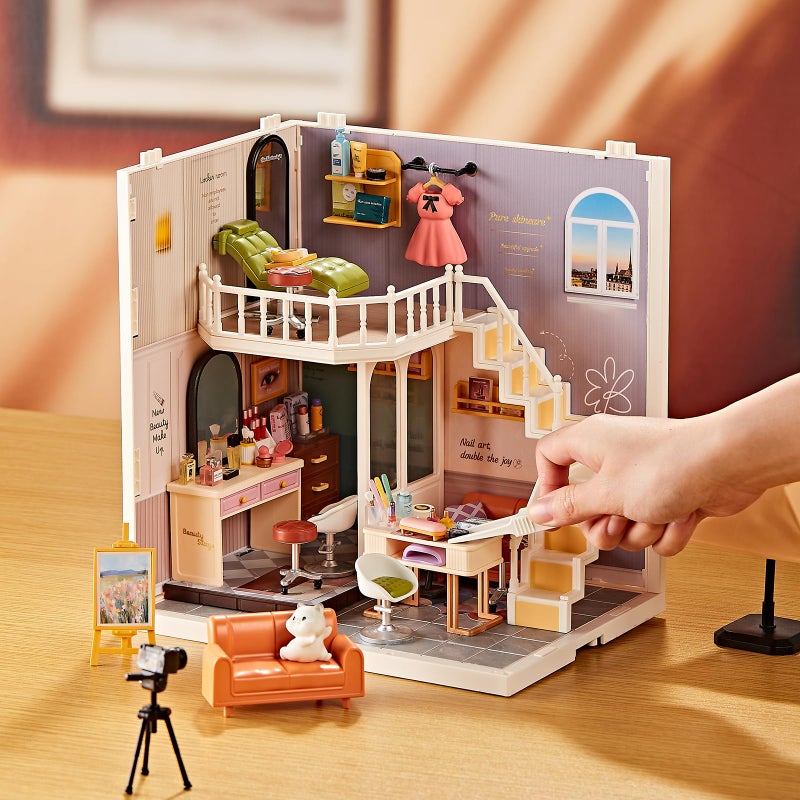 Qudify DIY Miniature House Kit Beauty Salon â€“ 203 Piece Tiny House Dollhouse Mini Room with LED Light, Nail Art Studio & Makeup Room, Cozy Creative Craft Gift for Kids 8+ & Teens - Image 5