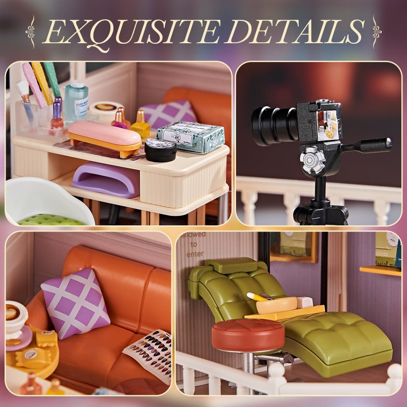Qudify DIY Miniature House Kit Beauty Salon â€“ 203 Piece Tiny House Dollhouse Mini Room with LED Light, Nail Art Studio & Makeup Room, Cozy Creative Craft Gift for Kids 8+ & Teens - Image 4